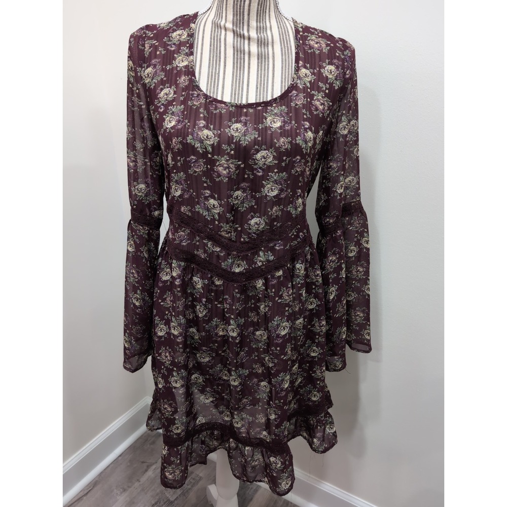 Band Of Gypsys Women's Sheer Floral Print‎ Dress In Sz. L Bell Sleeve Coquettish